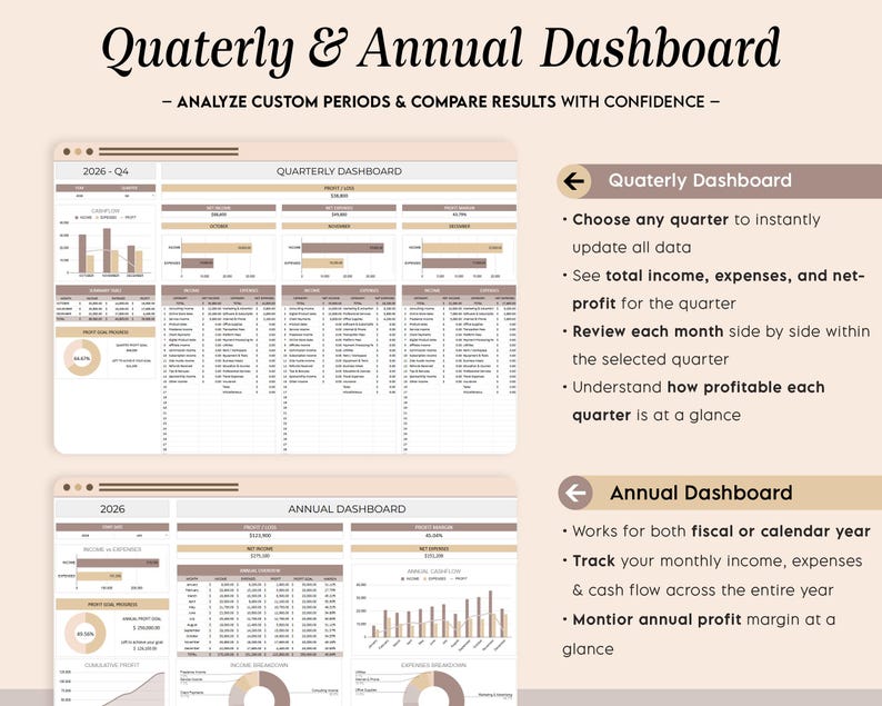 May include: A digital dashboard with the title "Quaterly & Annual Dashboard" and the text "Analyze custom periods & compare results with confidence." The dashboard displays financial data, charts, and graphs for quarterly and annual analysis.