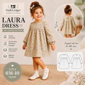 Peut inclure: Un patron de couture PDF pour la robe Laura de DailyLedger, présentant une robe à manches longues avec un motif à carreaux vichy beige et blanc et de petites fleurs jaunes. Inclut des dessins techniques, tailles 6M-10 ans et instructions.