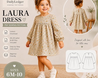 Puede incluir: Un patrón de costura en PDF para el vestido Laura de DailyLedger, que presenta un vestido de manga larga con un patrón de cuadros vichy en beige y blanco y pequeños detalles florales amarillos. Incluye dibujos técnicos, tallas de 6M-10 años e instrucciones.
