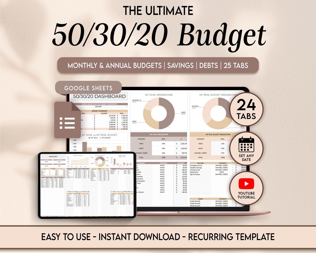50/30/20 Budget Planner Google Sheets Spreadsheet Monthly Weekly ...