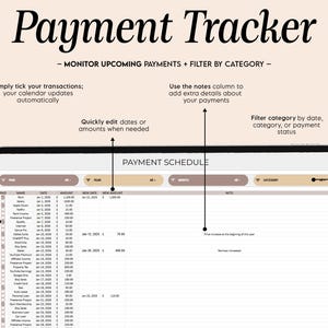 Puede incluir: Un rastreador de pagos digital que se muestra en una tableta. La pantalla muestra un calendario de pagos con columnas para la fecha, el importe y las notas. El t&iacute;tulo "Payment Tracker" est&aacute; en la parte superior, con instrucciones para controlar los pagos y filtrar por categor&iacute;a.