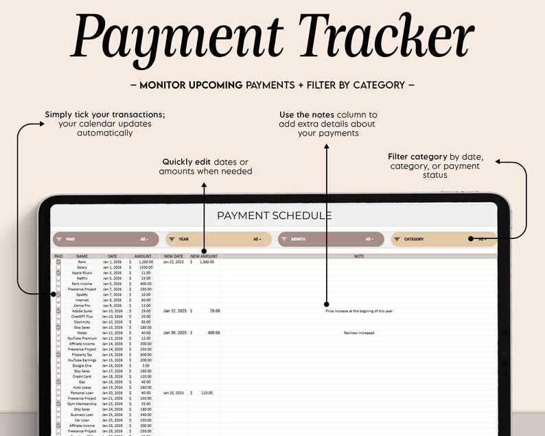Puede incluir: Un rastreador de pagos digital que se muestra en una tableta. La pantalla muestra un calendario de pagos con columnas para la fecha, el importe y las notas. El t&iacute;tulo "Payment Tracker" est&aacute; en la parte superior, con instrucciones para controlar los pagos y filtrar por categor&iacute;a.