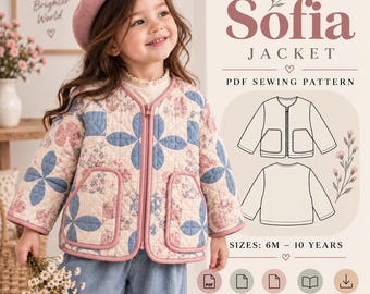 Kids Jacket Sewing Pattern PDF Girls Quilted Zip-Up Cardigan, Toddler Winter Coat Pattern Children's Patchwork Outerwear Beginner Sewing