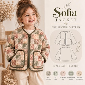 May include: A Sofia Jacket PDF sewing pattern featuring a quilted jacket with a patchwork floral pattern in muted tones, a front zipper, and two patch pockets. The graphic includes line drawings of the jacket and text: Sizes: 6M - 10 Years.