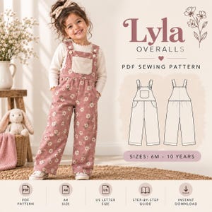 Puede incluir: Un patrón de costura en PDF para petos Lyla en tela de pana rosa empolvado con estampado de margaritas blancas. El patrón incluye un bolsillo delantero, tirantes con botones y dibujos técnicos de las vistas frontal y trasera para tallas de 6M a 10 años.