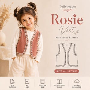 May include: A PDF sewing pattern for the Rosie Vest by DailyLedger, featuring a child wearing a dusty rose vest with decorative trim over a white long-sleeve shirt. The graphic includes a line drawing of the vest and text: Sizes 6M-10 Years.