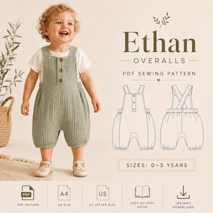 Puede incluir: Un patrón de costura digital para el peto Ethan, que muestra un pelele texturizado de color verde salvia con tres botones frontales. El gráfico incluye un dibujo técnico de la parte delantera y trasera, con texto indicando tallas 0-3 años.