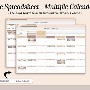 Puede incluir: Dos hojas de c&aacute;lculo de calendario digital muestran una vista mensual con datos financieros. El texto dice "One Spreadsheet - Multiple Calendars" y "2 Calendar Tabs to Easily See the Transition Between 2 Months." Las hojas de c&aacute;lculo est&aacute;n etiquetadas como "Calendar I" y "Calendar II."
