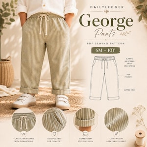 May include: Light olive green pants with white vertical pinstripes, featuring an elastic waistband with a drawstring, side pockets, and cuffed hems. The image includes a technical line drawing and text labeled DailyLedger George Pants PDF Sewing Pattern 6M-10Y.