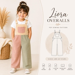 May include: A PDF sewing pattern for Liora Overalls, featuring a color-blocked design with a tan bodice, a pink pocket, and legs split between pink and sage green. The pattern includes sizes 6M-10 years, A4 and US letter formats, and a guide.