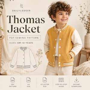 May include: A PDF sewing pattern for the Thomas Jacket, featuring sizes 6M-10 years. The image displays a mustard yellow and cream varsity-style jacket with white snap buttons and striped ribbed trim, alongside a line drawing of the jacket design.