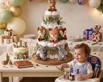 Woodland Animals Diaper Cake | 3-Tier Forest Baby Shower Decor | Gender Neutral Baby Gift
