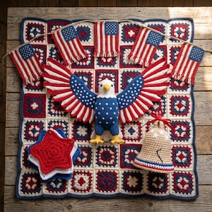 Patriotic Crochet Pattern Bundle | America 250th Anniversary PDF | Eagle, Blanket, Bunting, Bell, Coasters | Instant Download