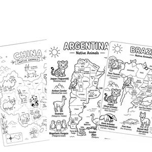 Puede incluir: Tres carteles educativos en blanco y negro con mapas de China, Argentina y Brasil. Cada mapa destaca animales nativos con ilustraciones y etiquetas. Los carteles están diseñados con fines educativos.