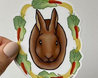 Bunny with Wreath of Veggies Sticker, Bunny Sticker, Gift for Bunny Owner, Gift for Kids, Gift for Bunny Lovers, Bunny Decal, Rabbit Decal