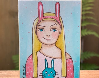 Original Mixed Media Painting, Tiny Art Mounted on Wood Block, Cute Art for Girls Room, Bunny Art for Kids, Affordable Art