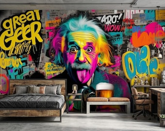 Einstein Graffiti Pop Art Wallpaper, Peel and Stick Street Art Mural, Colorful Scientist Decor