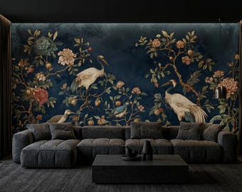 Chinoiserie Crane Peel and Stick Wallpaper, Navy Floral Bird Mural, Non Woven Wall Art
