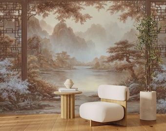 Vintage chinesisches Berg Wandbild, Schälen und Aufkleben Landschaft Tapete, Traditionelle Sepia Natur Wandkunst