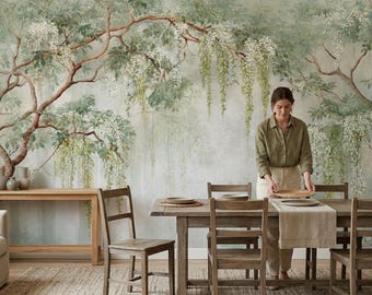 白い藤の花柄壁紙、吊り下げ花柄の剥がして貼れる装飾、ヴィンテージ植物壁画、