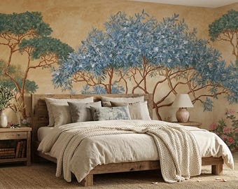 Papel de parede vintage com paisagem chinesa, mural adesivo com estampa floral de árvore azul, decoração de luxo para casa.
