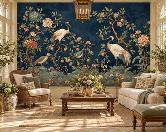 Carta da parati con uccelli in stile Chinoiserie blu navy, decorazione murale autoadesiva con gru, murale floreale in tessuto non tessuto
