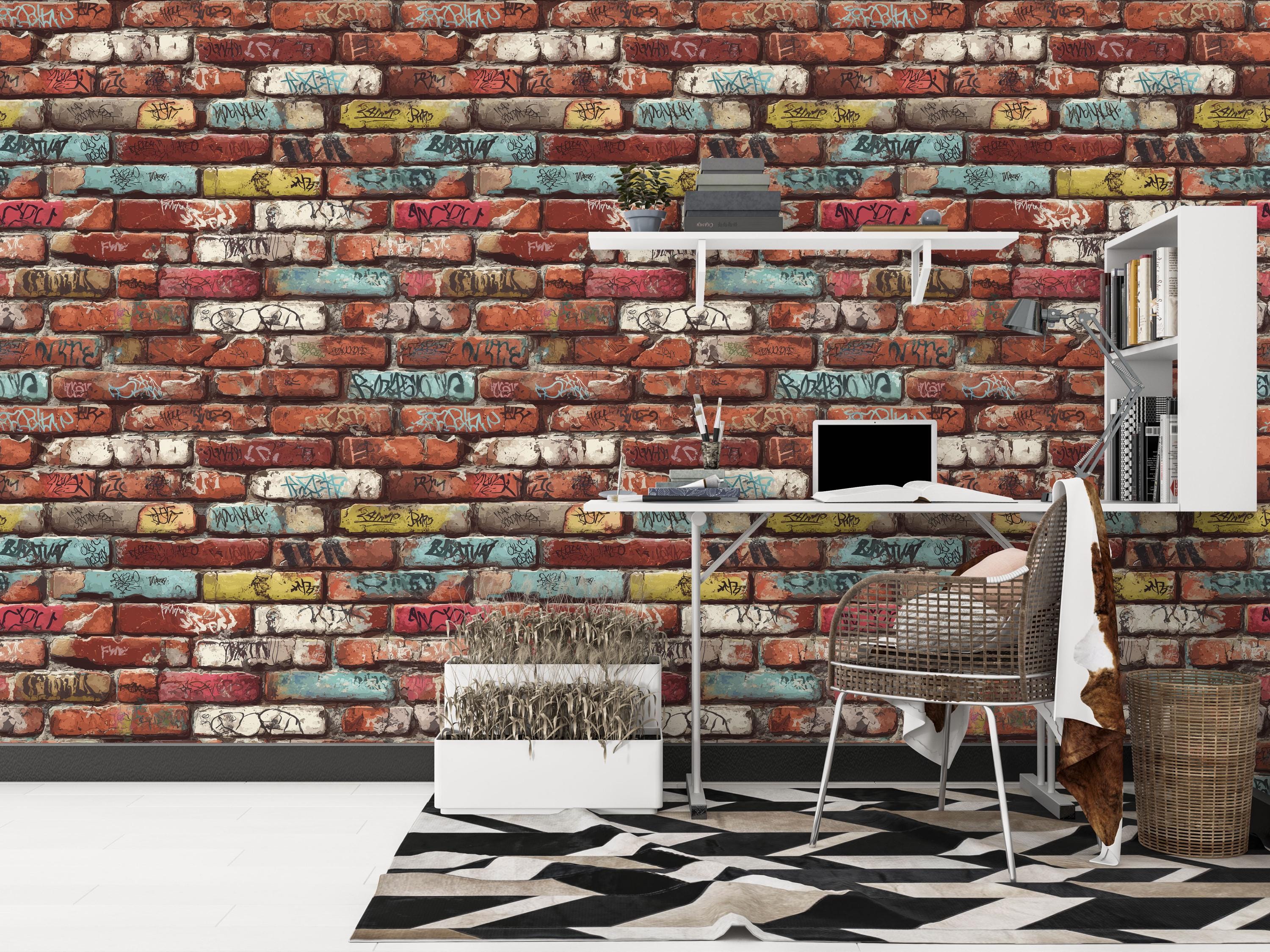 Colorful Graffiti Brick Wall Mural, Street Art Peel and Stick Wallpaper ...