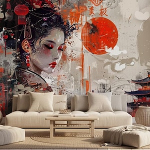Könnte beinhalten: Ein großes Wandbild mit einer Geisha mit roten Lippen und aufwendigem Haarschmuck. Das Kunstwerk hat ein japanisches Thema mit roter Sonne, Pagode und traditionellen Elementen. Die Farbpalette umfasst Rot, Grau und Weiß und erzeugt einen auffälligen visuellen Effekt.