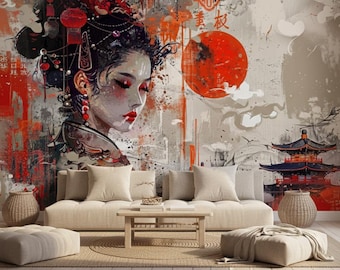Papel de parede com gueixas japonesas, mural de parede tradicional autoadesivo, arte de rua oriental asiática.
