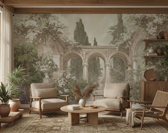 Vintage Antique Floral Landscape Wall Mural, Mediterranean Garden Wallpaper, Architecture Peel and Stick Decor
