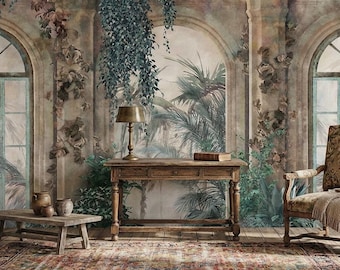 Papel pintado vintage con arco de invernadero para ventana, mural de jardín autoadhesivo, decoración de pared para invernadero tropical.