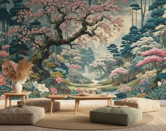 Cherry Blossom Wallpaper, Peel and Stick & Non Woven Decor, Botanical Zen Garden Wall Mural