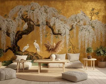Gouden chinoiserie bloemenbehang, witte blauweregen en reiger Peel and Stick-muurschildering, vintage Aziatische muurschildering