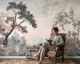 Vintage Lake Landscape Mural, Chinoiserie Peel and Stick Wallpaper, Classical Garden Wall Decor,