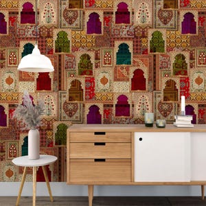 May include: A colorful wallpaper featuring a patchwork design of ornate archways and patterned panels in shades of red, green, purple, and gold. The design evokes a vintage, global aesthetic, suitable for interior decor.