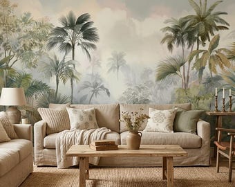 Vintage Palm Tree Mural, Misty Jungle Wallpaper, Peel and Stick Botanical Decor