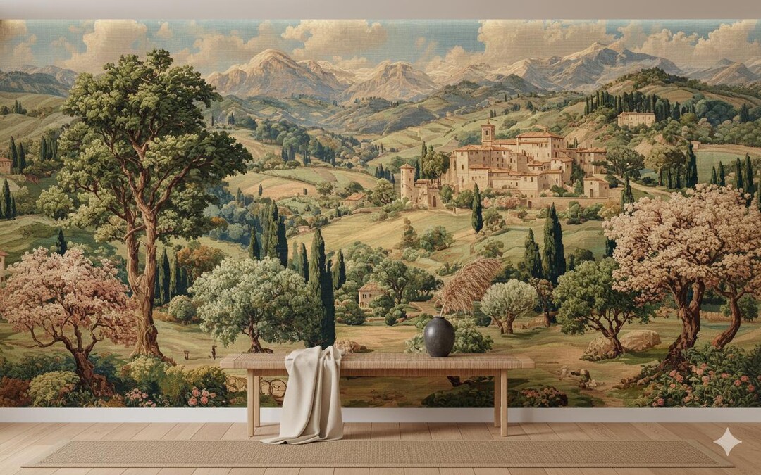 Rustic Italin Map Background Rustic Italian Countryside Landscape Peel and Stick Wallpaper, Vintage ...
