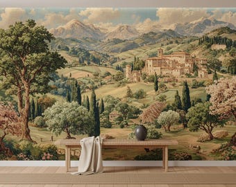Papel pintado autoadhesivo con paisaje rústico de la campiña italiana, mural de pared vintage con paisajes de las colinas de la Toscana.