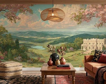Carta da parati vintage con fiori di ciliegio in fiore, paesaggio naturale, decorazione murale autoadesiva.