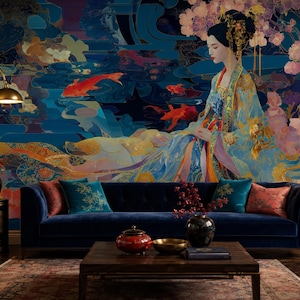 May include: A navy blue velvet sofa sits before a large wall mural depicting a person in traditional attire amidst koi fish and cherry blossoms. The room includes a dark wood coffee table, two side tables with lamps, and a patterned area rug.