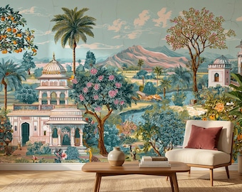Mughal Garden Scenic Wallpaper, Peel and Stick Indian Landscape Mural, Vintage Tropical Garden Decor,