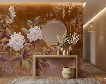 Papier peint floral chic de Chinoiserie, papier peint vintage de pivoine de peau et de bâton, décor de rouille antique
