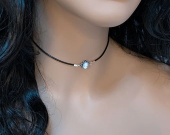 Dainty Choker Necklace, Victorian Choker with Blue Cameo, Black Leather Choker