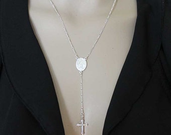 Sterling Silver Cross Necklace, Silver Rosary, Spiritual Y Necklace, Religious Jewelry