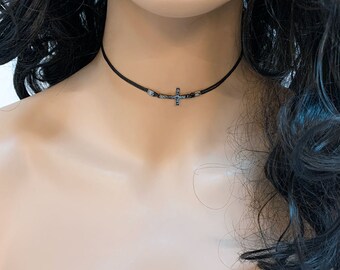 Black Sideways Cross Choker, Gothic Choker, Dainty Minimalist Spiritual Choker Necklace, Religious Everday Jewelry