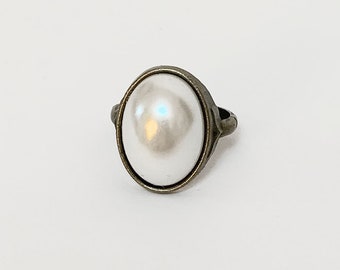 Victorian Gothic Pearl Ring, Antique Bronze Finger Ring Size 8