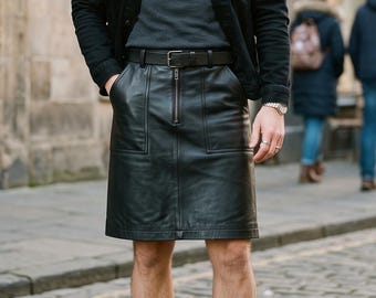 Men's Leather Skirt, Black Lambskin Gothic Kilt, Festival Rave-Outfit, Avant-Garde-Skirt, Burning Man-Clothing, Steampunk Utility-Skirt