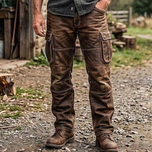 Distressed Leather Cargo Pants for Men, Heavy-Duty Rugged Work-Trousers, Vintage Brown-Leather Biker-Pants, Outdoor-Gear Gift