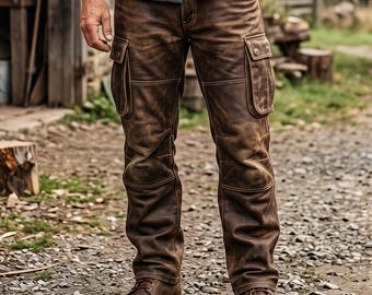 Distressed Leather Cargo Pants for Men, Heavy-Duty Rugged Work-Trousers, Vintage Brown-Leather Biker-Pants, Outdoor-Gear Gift