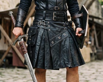 Men's Leather Cosplay Skirt | Lambskin Gladiator Kilt, Medieval Warrior-Costume, Gothic-Punk Festival-Wear, Roman Spartan Armor-Skirt